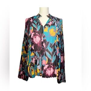 Ryegrass Floral Blouse Women’s Size M Semi Sheer Vibrant Colors on Black Pleated